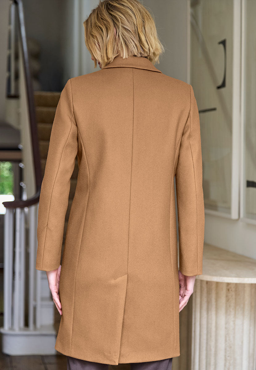 Georgie Tailored Coat - Camel Cleanly Tailored Smooth Soft Italian Fabric Fully Lined Semi-Fitted with Horn Buttons and Back Vent Back View