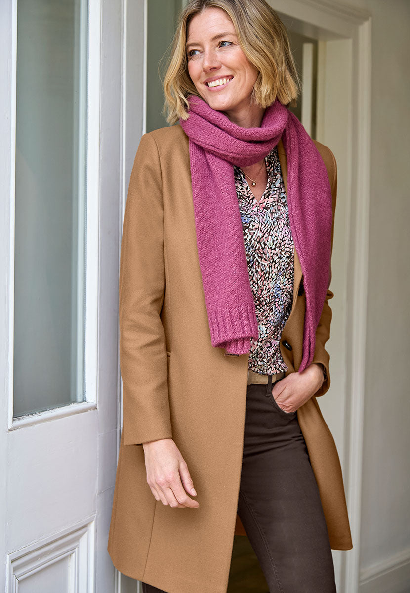 Georgie Tailored Coat - Camel Cleanly Tailored Smooth Soft Italian Fabric Fully Lined Semi-Fitted with Horn Buttons and Back Vent Scarf View