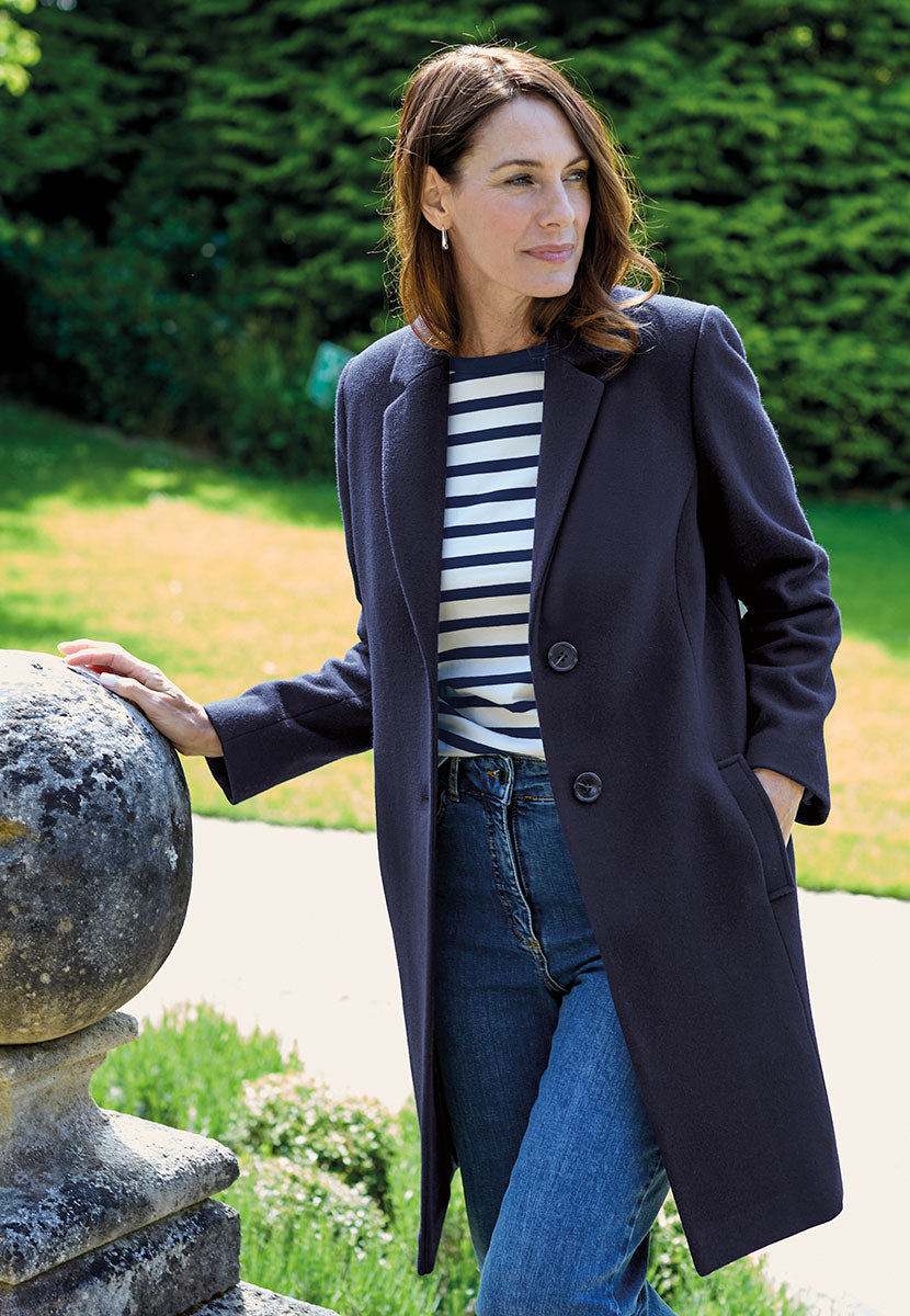 Georgie Tailored Crombie Coat - Navy Cleanly Tailored Smooth Soft Italian Fabric Fully Lined Semi-Fitted with Horn Buttons and Back Vent