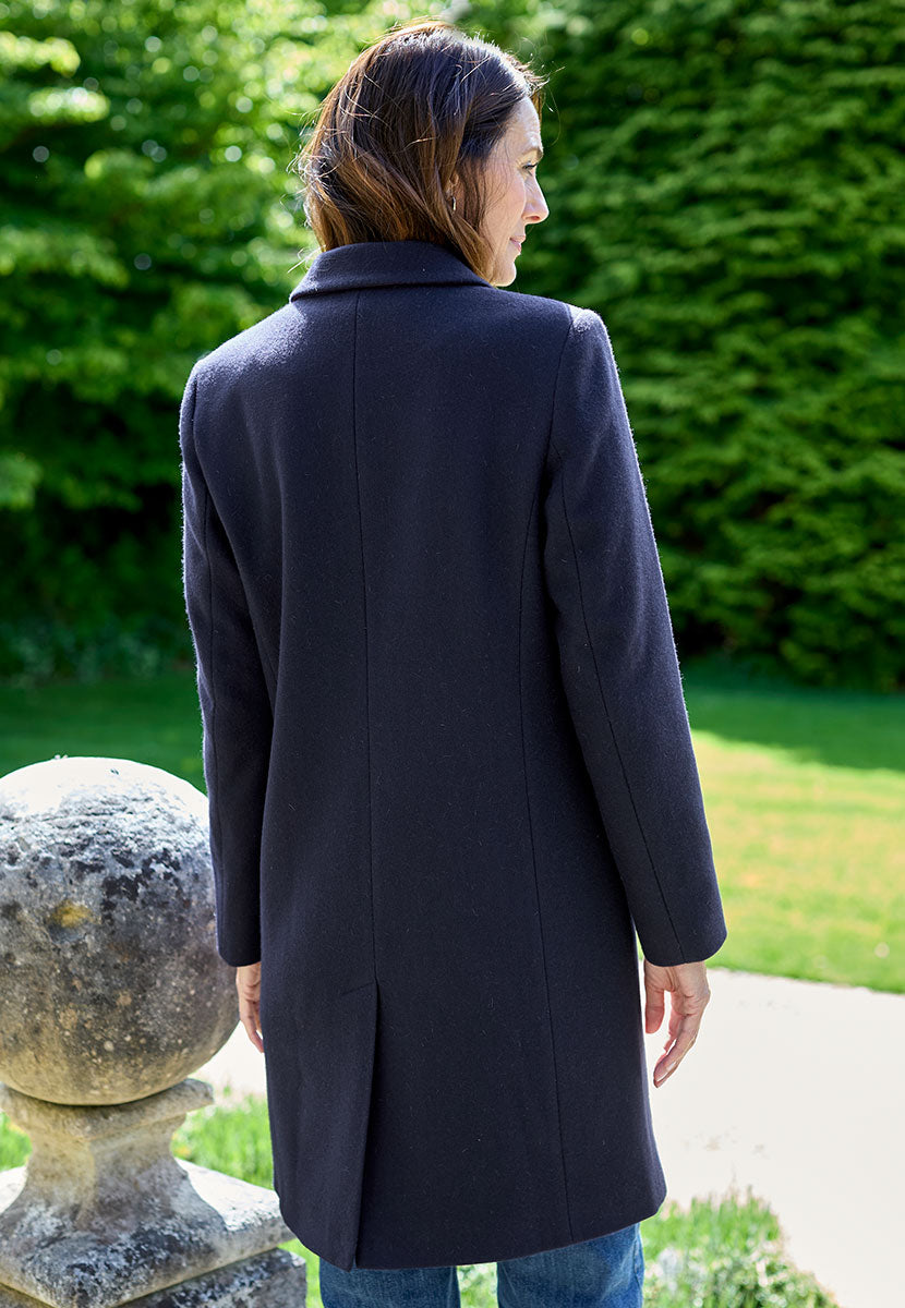 Georgie Tailored Crombie Coat - Navy Cleanly Tailored Smooth Soft Italian Fabric Fully Lined Semi-Fitted with Horn Buttons and Back Vent Back View
