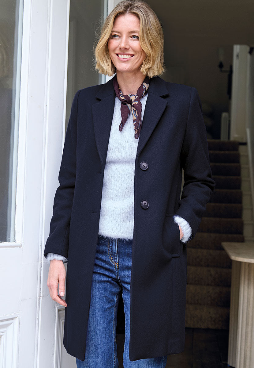 Georgie Tailored Coat - Navy Cleanly Tailored Smooth Soft Italian Fabric Fully Lined Semi-Fitted with Horn Buttons and Back Vent