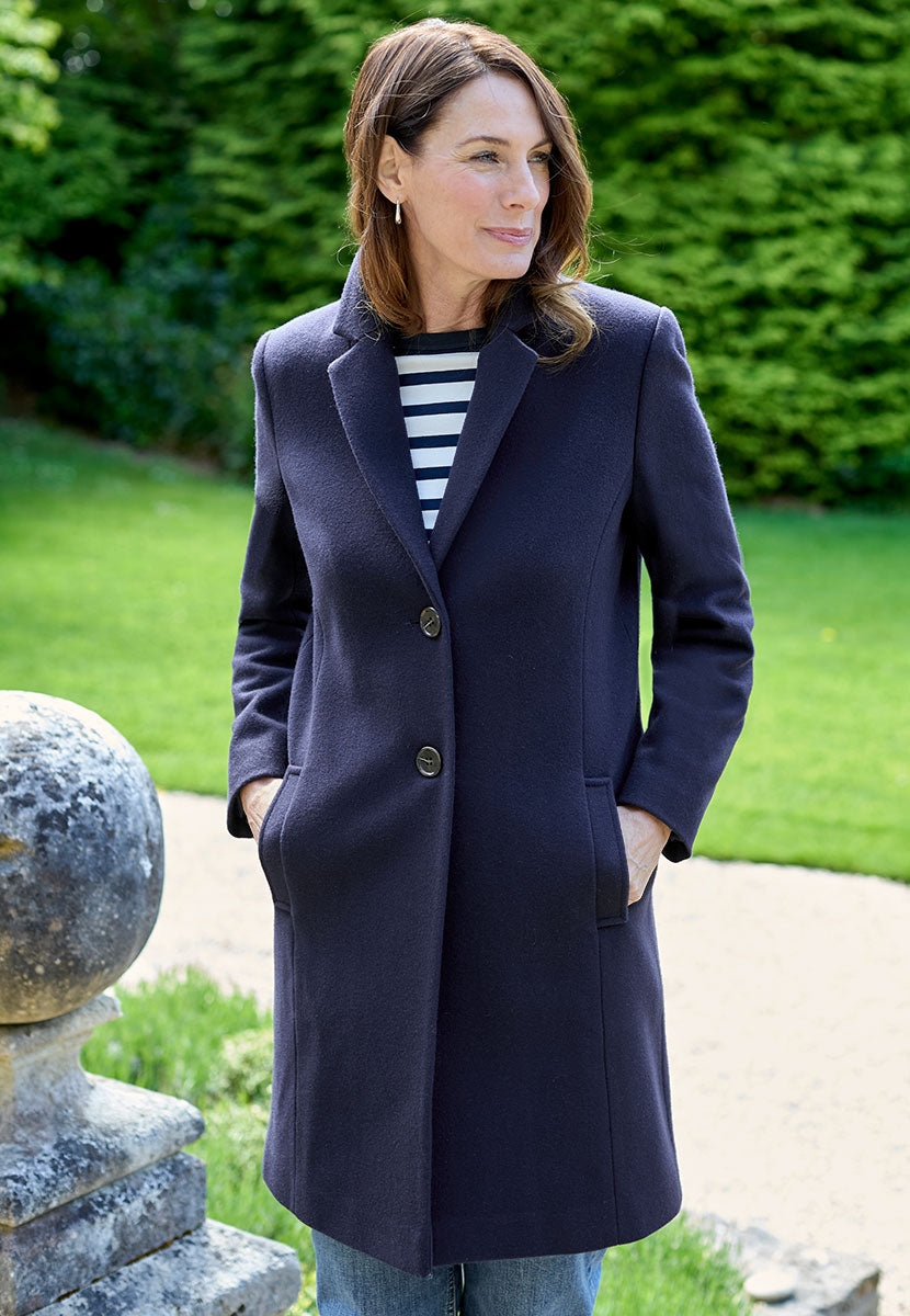 Georgie Tailored Crombie Coat - Navy Cleanly Tailored Smooth Soft Italian Fabric Fully Lined Semi-Fitted with Horn Buttons and Back Vent Front Alt View