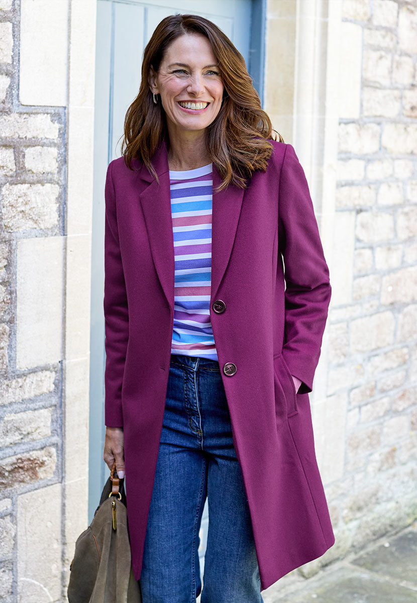 Georgie Tailored Crombie Coat - Winter Berry Cleanly Tailored Smooth Soft Italian Fabric Fully Lined Semi-Fitted with Horn Buttons and Back Vent