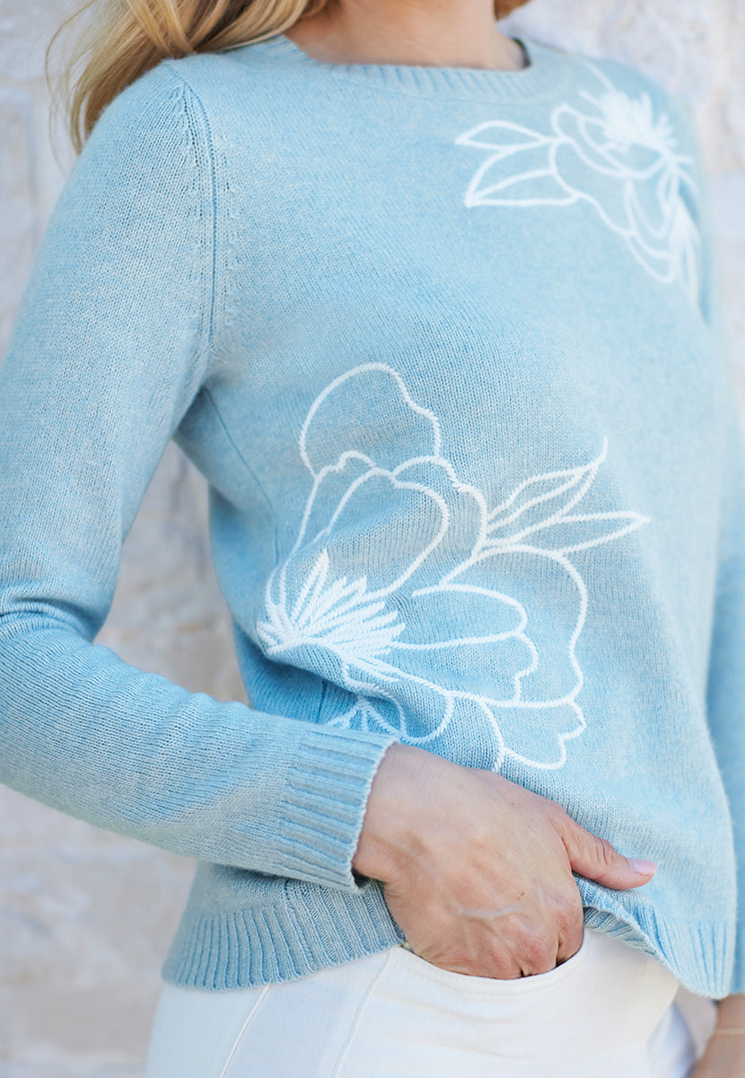 Grace Embroidered Long Sleeve Jumper - Blue/Ivory