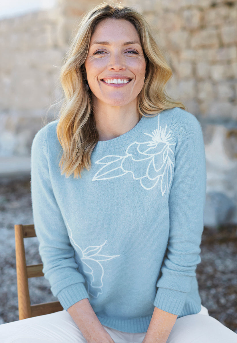 Grace Embroidered Long Sleeve Jumper - Blue/Ivory