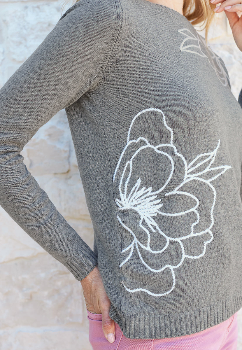 Grace Embroidered Long Sleeve Jumper - Grey/Ivory