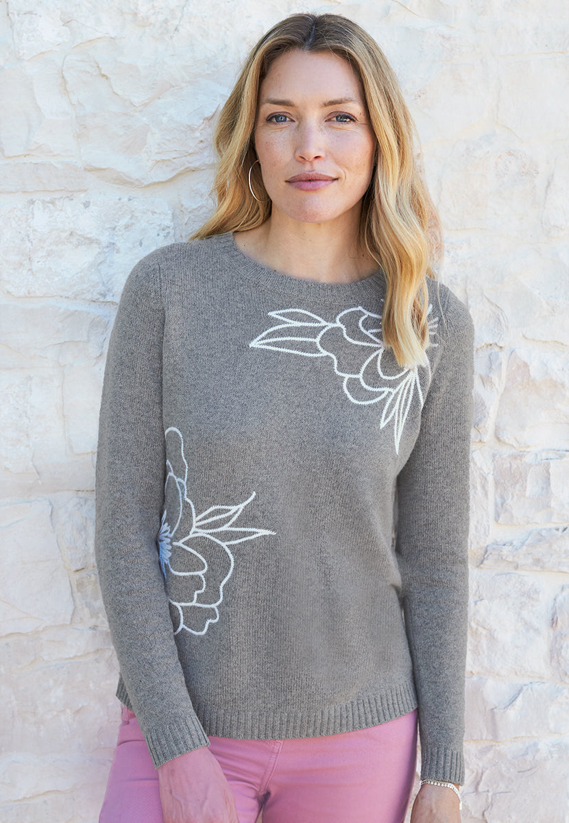 Grace Embroidered Long Sleeve Jumper - Grey/Ivory