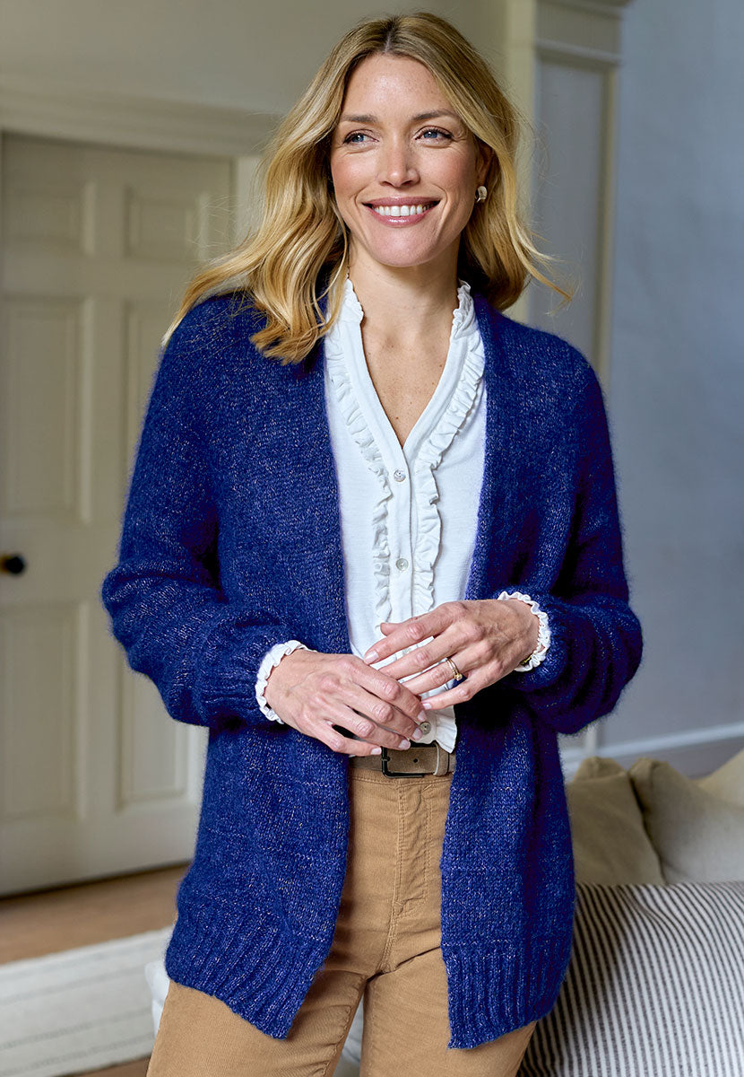Hallie Alpaca Long Line Cardigan - Midnight Super Soft Lightweight Effortless Long Line Layering Piece Crafted in UK From Peruvian Alpaca Wool Detail View