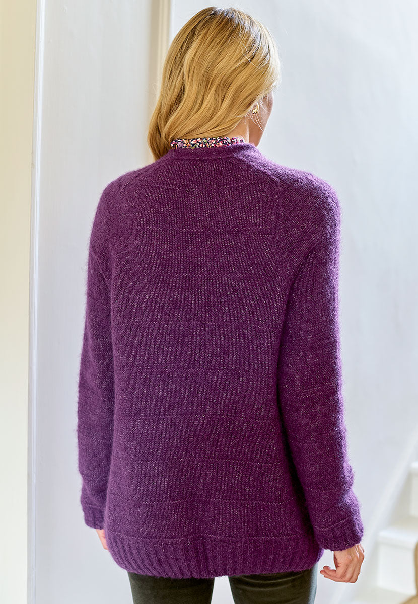 Hallie Alpaca Long Line Cardigan - Plum Super Soft Lightweight Effortless Long Line Layering Piece Crafted in UK From Peruvian Alpaca Wool Back View