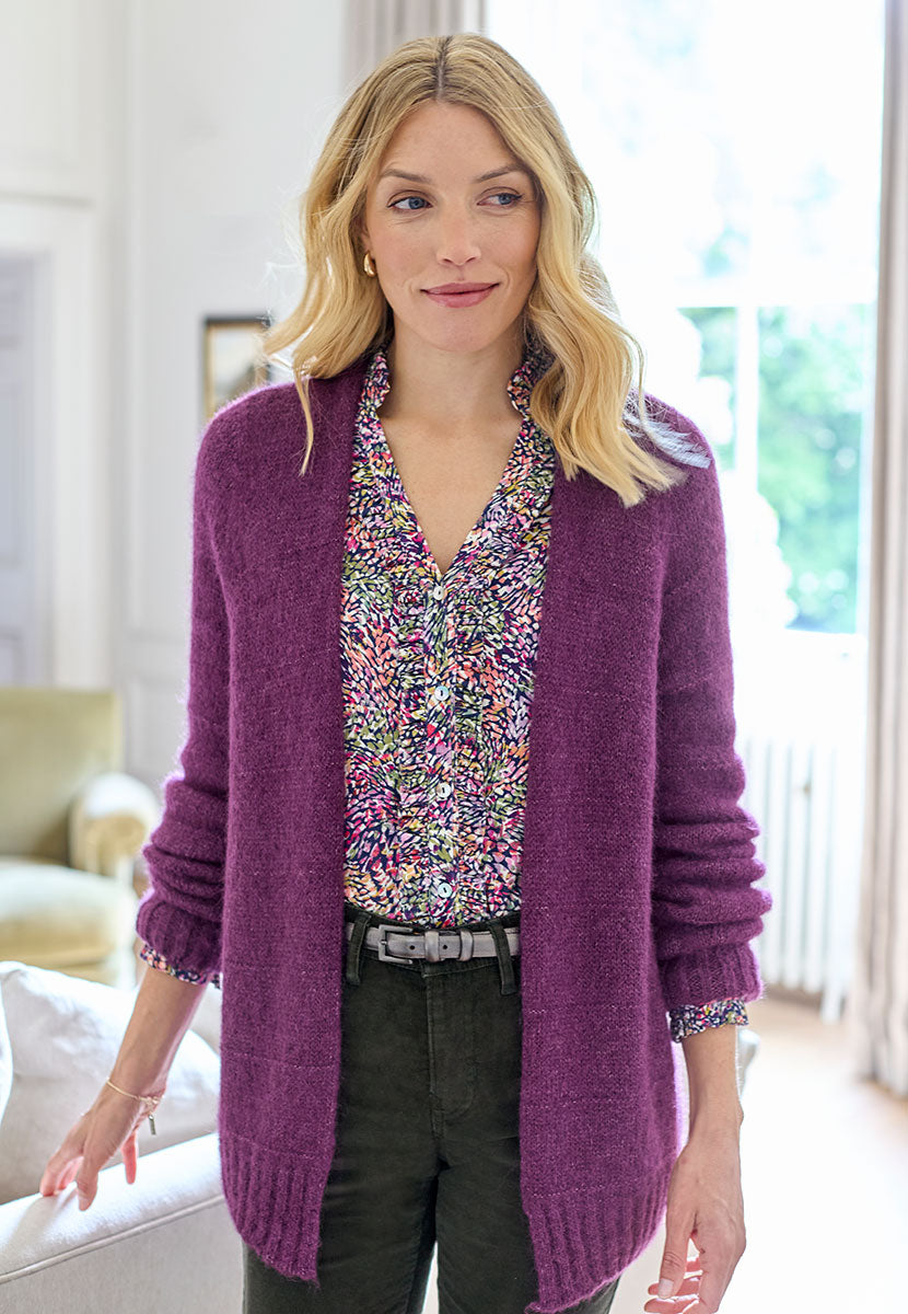 Hallie Alpaca Long Line Cardigan - Plum Super Soft Lightweight Effortless Long Line Layering Piece Crafted in UK From Peruvian Alpaca Wool