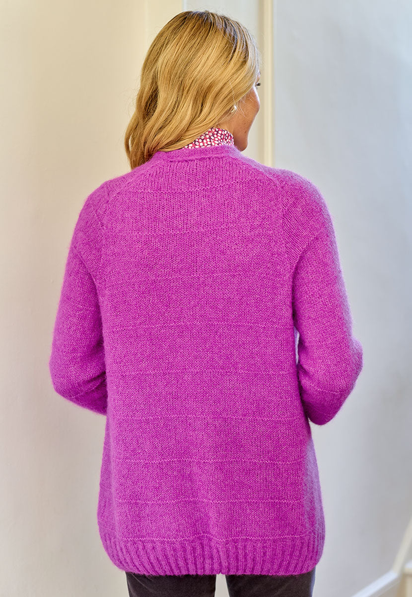 Hallie Alpaca Long Line Cardigan - Soft Magenta Super Soft Lightweight Effortless Long Line Layering Piece Crafted in UK From Peruvian Alpaca Wool Back View