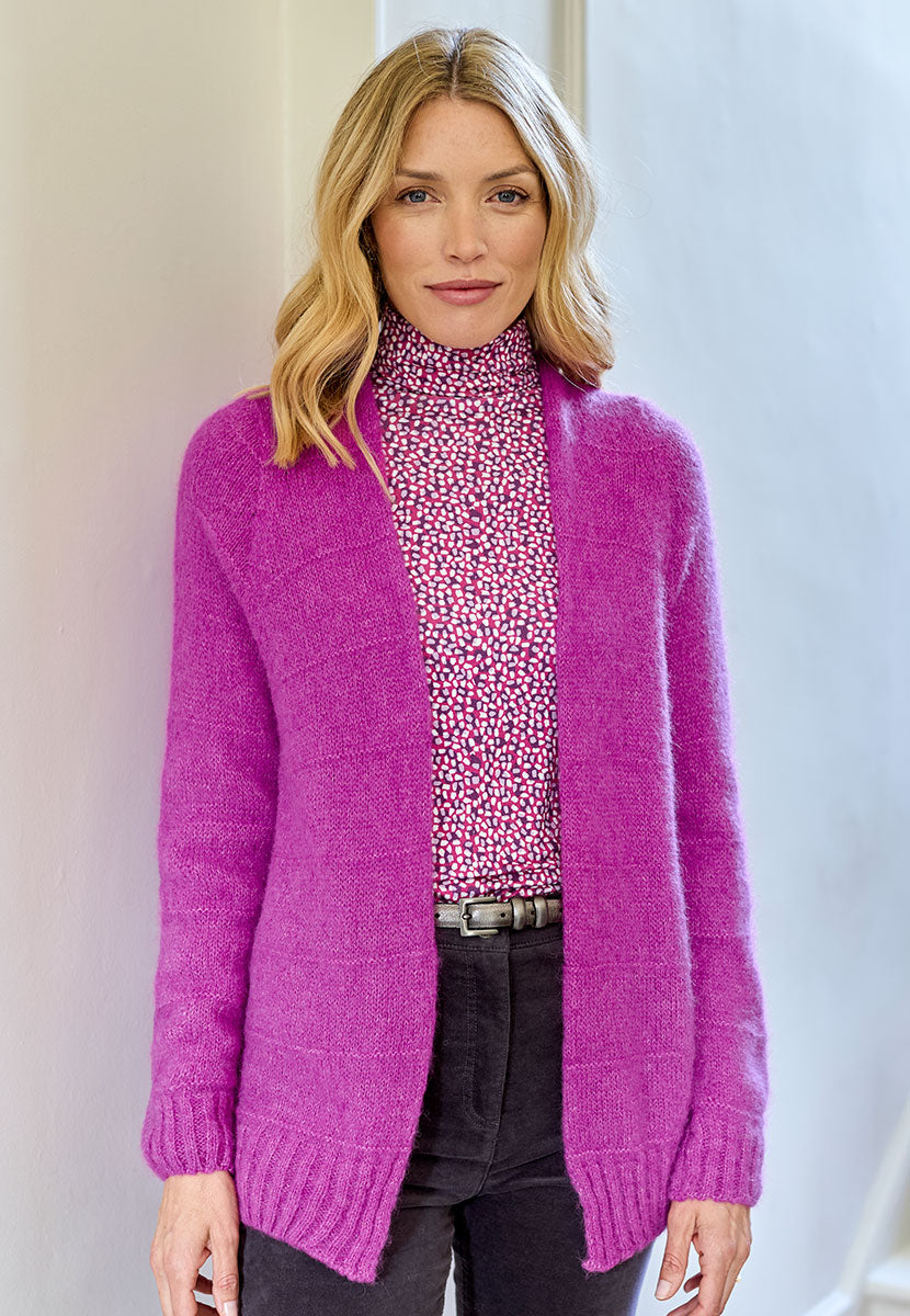 Hallie Alpaca Long Line Cardigan - Soft Magenta Super Soft Lightweight Effortless Long Line Layering Piece Crafted in UK From Peruvian Alpaca Wool