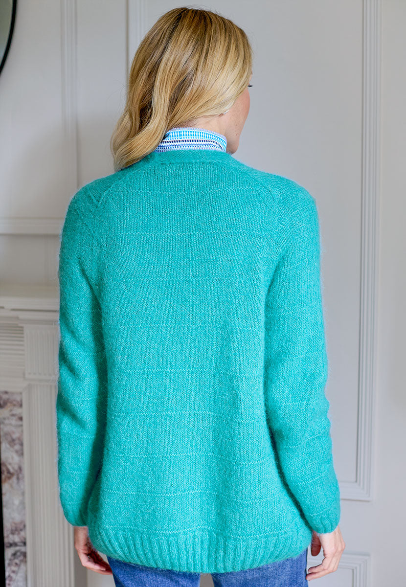 Hallie Alpaca Long Line Cardigan - Winter Turquoise Super Soft Lightweight Effortless Long Line Layering Piece Crafted in UK From Peruvian Alpaca Wool Back View