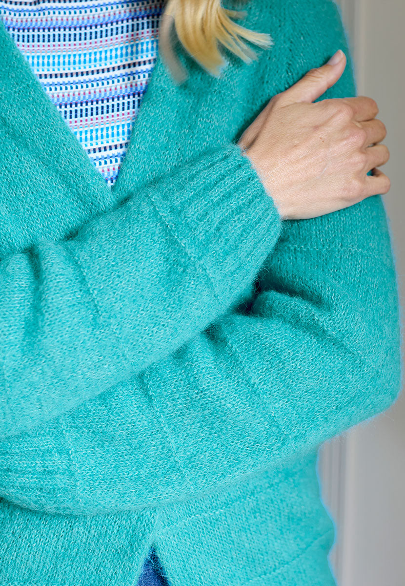 Hallie Alpaca Long Line Cardigan - Winter Turquoise Super Soft Lightweight Effortless Long Line Layering Piece Crafted in UK From Peruvian Alpaca Wool Detail View