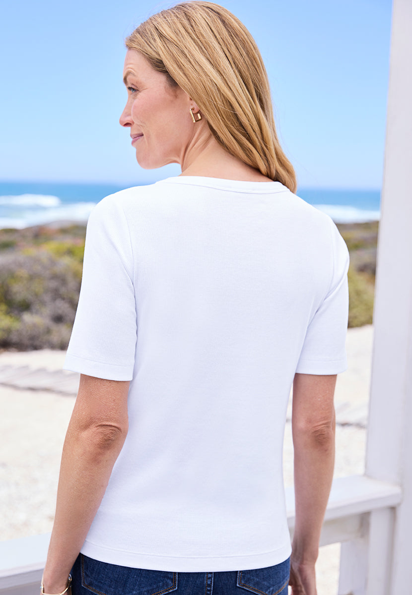 Harper Short Sleeve Ribbed Jersey Top - White