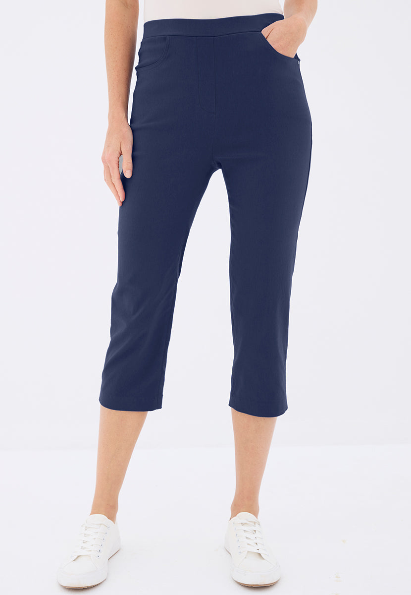 Hayley Slim Leg Pull on Cropped Trouser - Navy