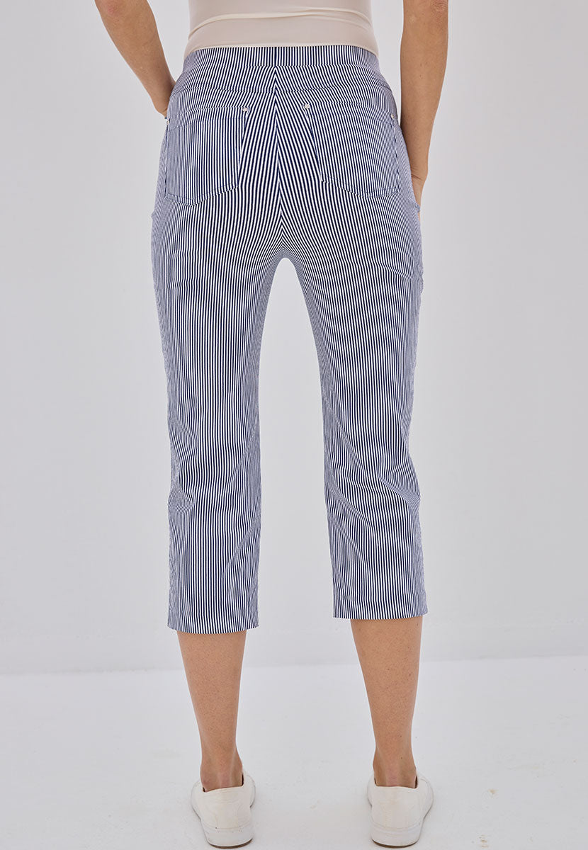 Hayley Slim Leg Pull on Cropped Trouser - Navy Stripe