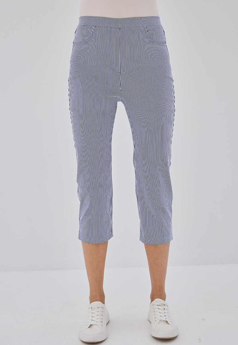 Hayley Slim Leg Pull on Cropped Trouser - Navy Stripe