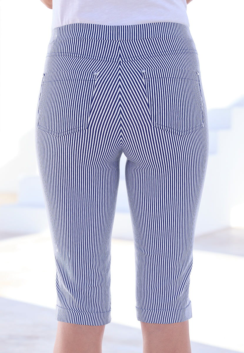 Hayley Pull on Stretch Over the Knee Short - Navy Stripe