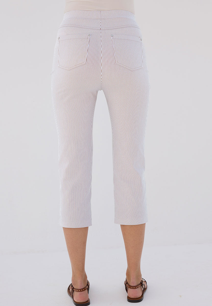 Hayley Slim Leg Pull on Cropped Trouser - Soft Almond Stripe