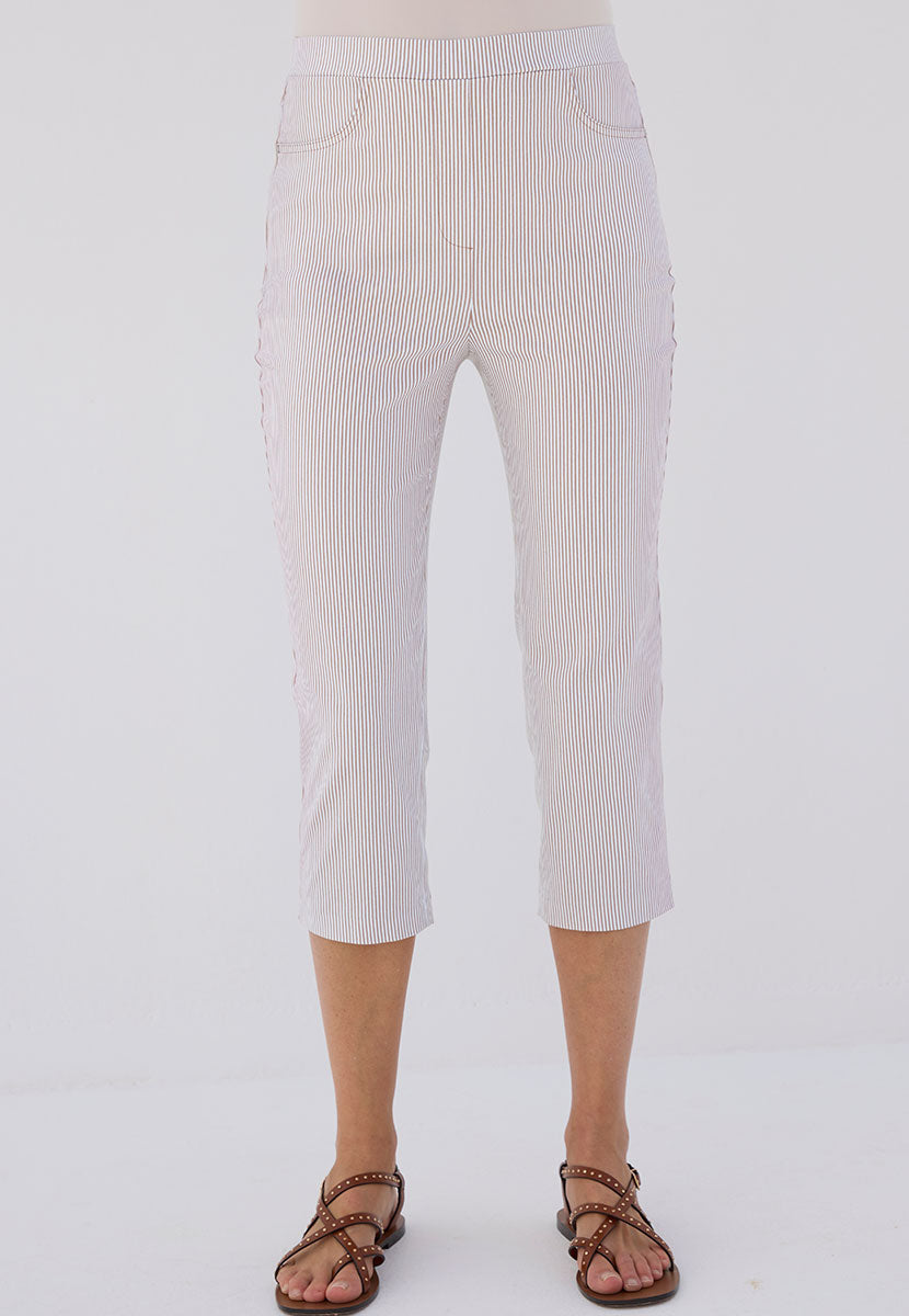 Hayley Slim Leg Pull on Cropped Trouser - Soft Almond Stripe