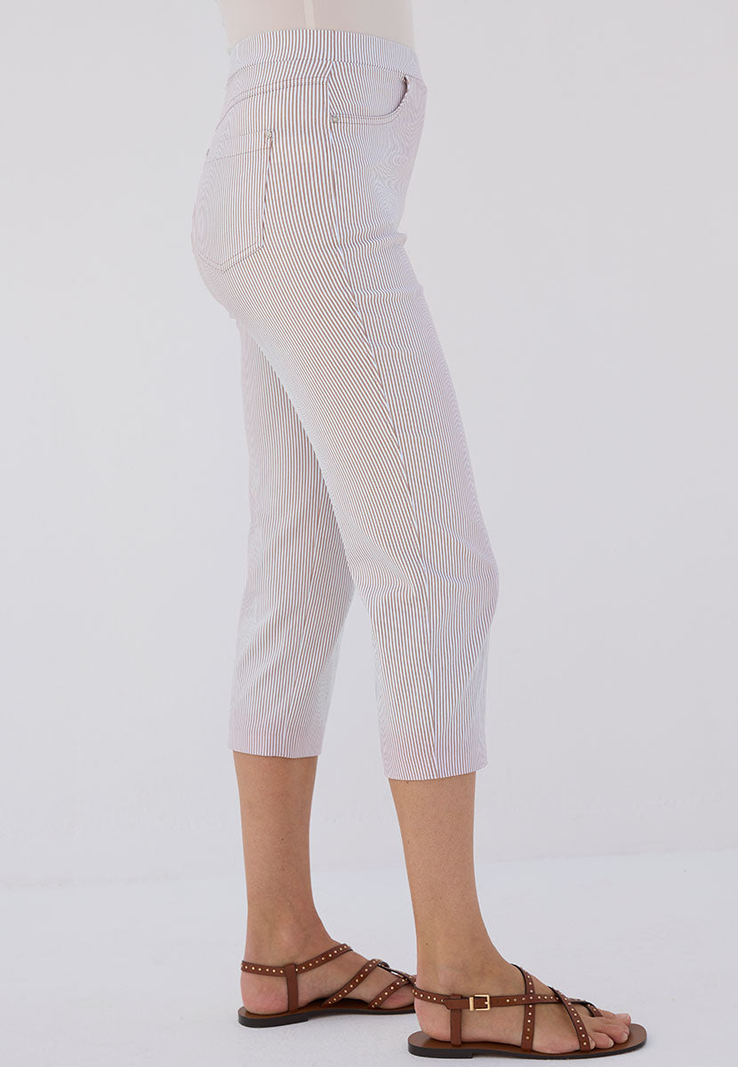 Hayley Slim Leg Pull on Cropped Trouser - Soft Almond Stripe