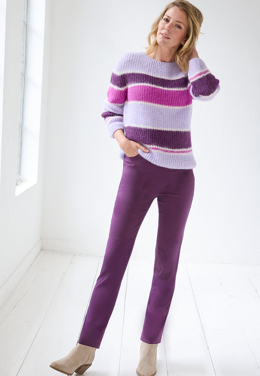 Hayley Easy Fit Slim Leg Trousers 27 Inch Leg Length  - Blackcurrant Hidden Stretch Waistband and Flexible Fabric