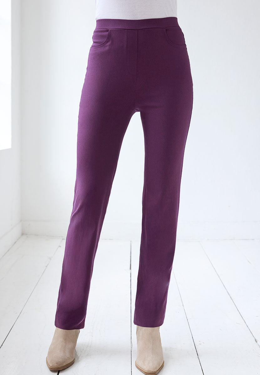 Hayley Easy Fit Slim Leg Trousers 27 Inch Leg Length  - Blackcurrant Hidden Stretch Waistband and Flexible Fabric Front Alt View