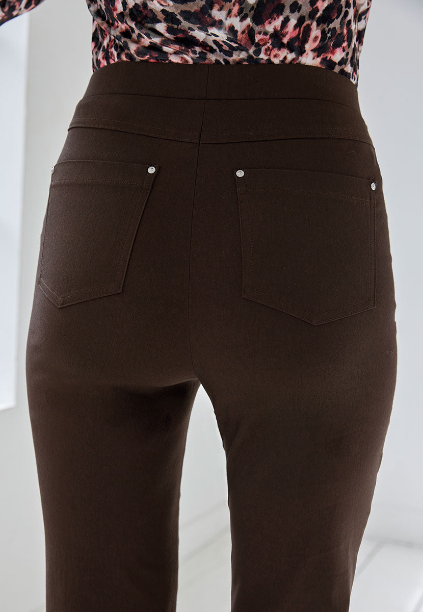 Hayley Fleece Lined Trousers 27 Inch Leg - Chocolate Viscose Blend Cold Weather Essential Slim Leg Style with Brushed Cotton Inside Elasticated Waist and Faux Fly Back Detail View