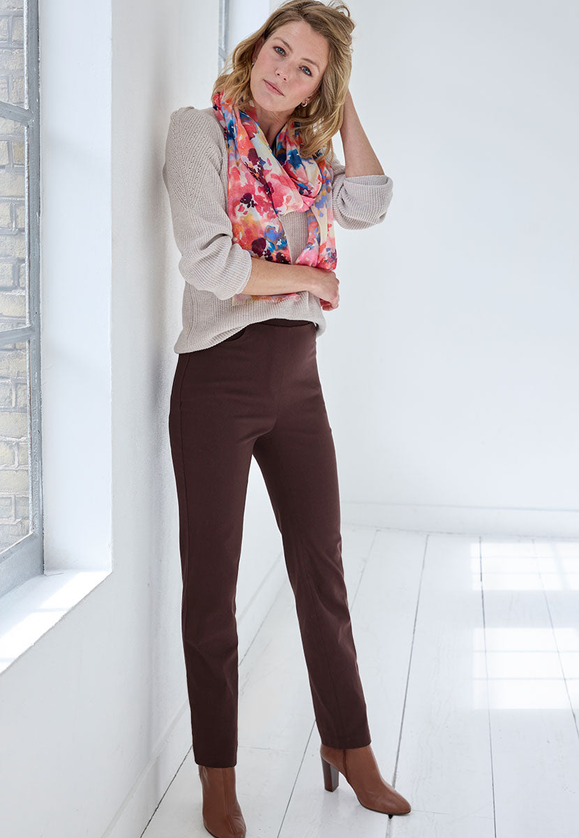 Hayley Fleece Lined Trousers 27 Inch Leg - Chocolate Viscose Blend Cold Weather Essential Slim Leg Style with Brushed Cotton Inside Elasticated Waist and Faux Fly Front Alt View