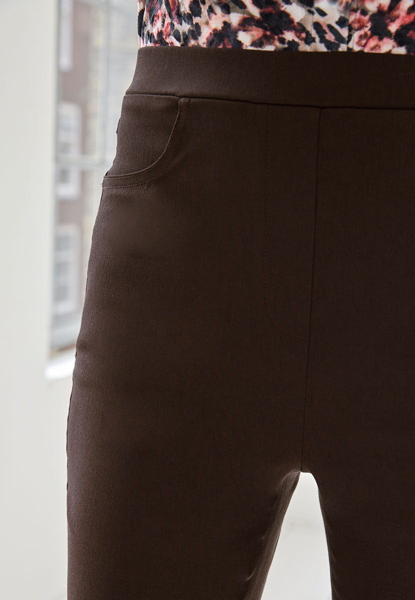 Hayley Fleece Lined Trousers 27 Inch Leg - Chocolate Viscose Blend Cold Weather Essential Slim Leg Style with Brushed Cotton Inside Elasticated Waist and Faux Fly Front Detail View