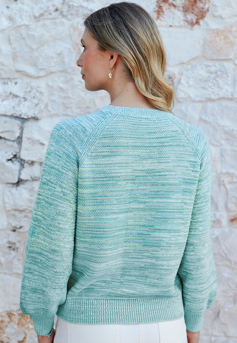 Heidi Cotton Silk Knit Jumper - Soft Aqua Twist Relaxed Fit Twisted Marl Yarn With Full Sleeves For a Contempory Style Back View