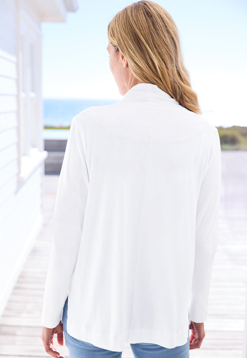 Jada Long Sleeve Cotton Jersey Cardigan - White Back View
