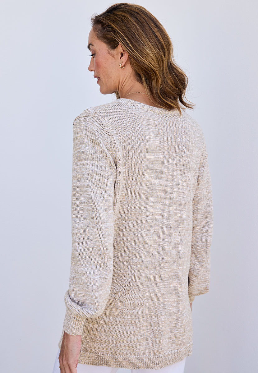 Jasmine Cotton Long Sleeve Cardigan - Oatmeal Beige Edge to Edge Style Midweight Tape Yarn with Fuller Sleeves Back View