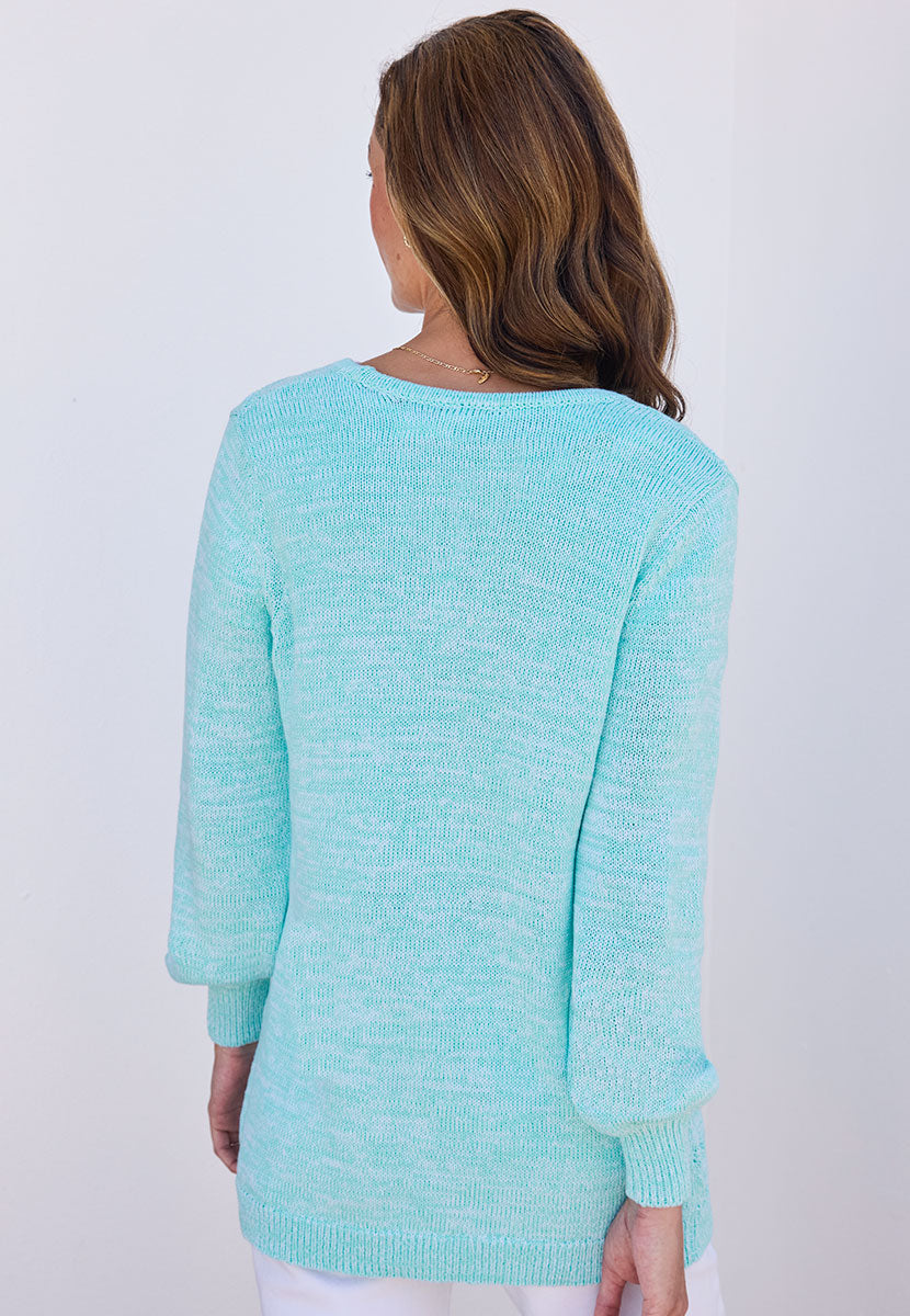 Jasmine Cotton Long Sleeve Cardigan - Soft Aqua Blue Marl Edge to Edge Style Midweight Tape Yarn with Fuller Sleeves Back Shot