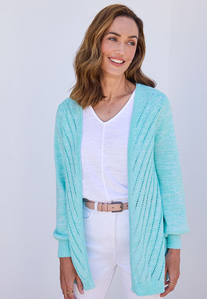 Jasmine Cotton Long Sleeve Cardigan - Soft Aqua Blue Marl Edge to Edge Style Midweight Tape Yarn with Fuller Sleeves