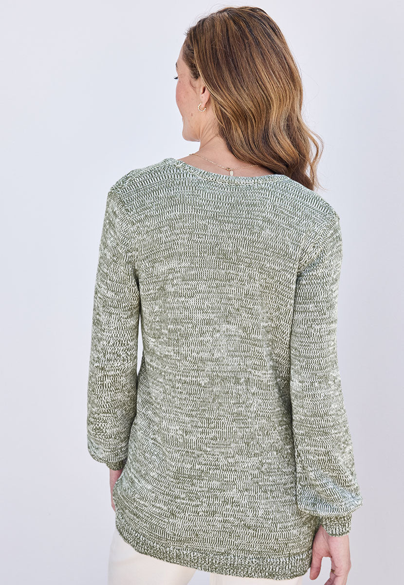 Jasmine Cotton Long Sleeve Cardigan - Soft Khaki Green Marl Edge to Edge Style Midweight Tape Yarn with Fuller Sleeves Back View