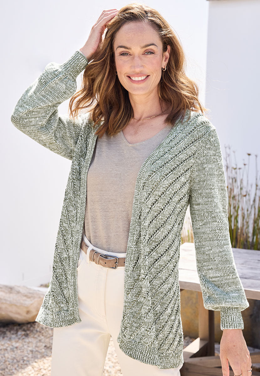 Jasmine Cotton Long Sleeve Cardigan - Soft Khaki Green Marl Edge to Edge Style Midweight Tape Yarn with Fuller Sleeves