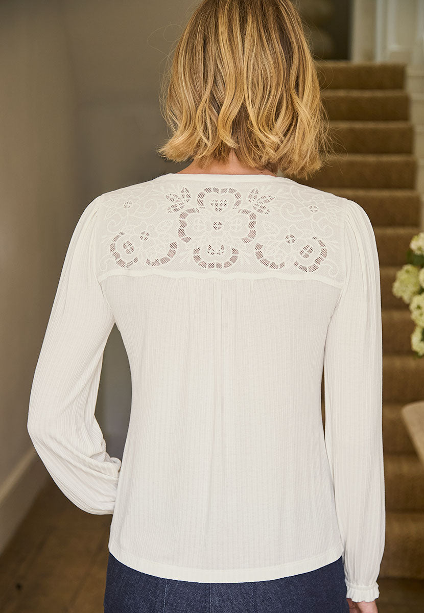 Jayne Lace Long Sleeve Jersey Blouse - Ivory