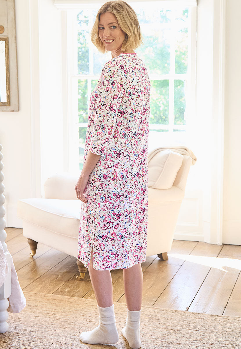 Jenna 3/4 Sleeve Pure Cotton Nightdress - Palencia Print Back View