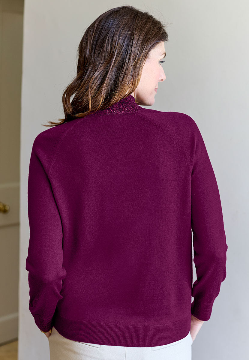 Jennifer High Neck Long Sleeve Merino Jumper - Berry Dark Red Merino Lambswool Lace High Neck and Cuffs Lightweight Long Sleeve Transitional Jumper Back View