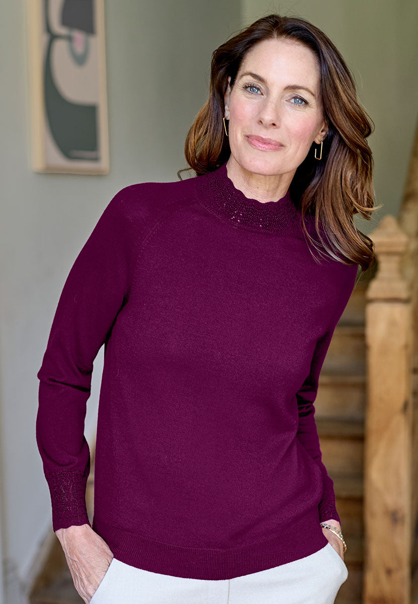 Jennifer High Neck Long Sleeve Merino Jumper - Berry Dark Red Merino Lambswool Lace High Neck and Cuffs Lightweight Long Sleeve Transitional Jumper Front Alt View