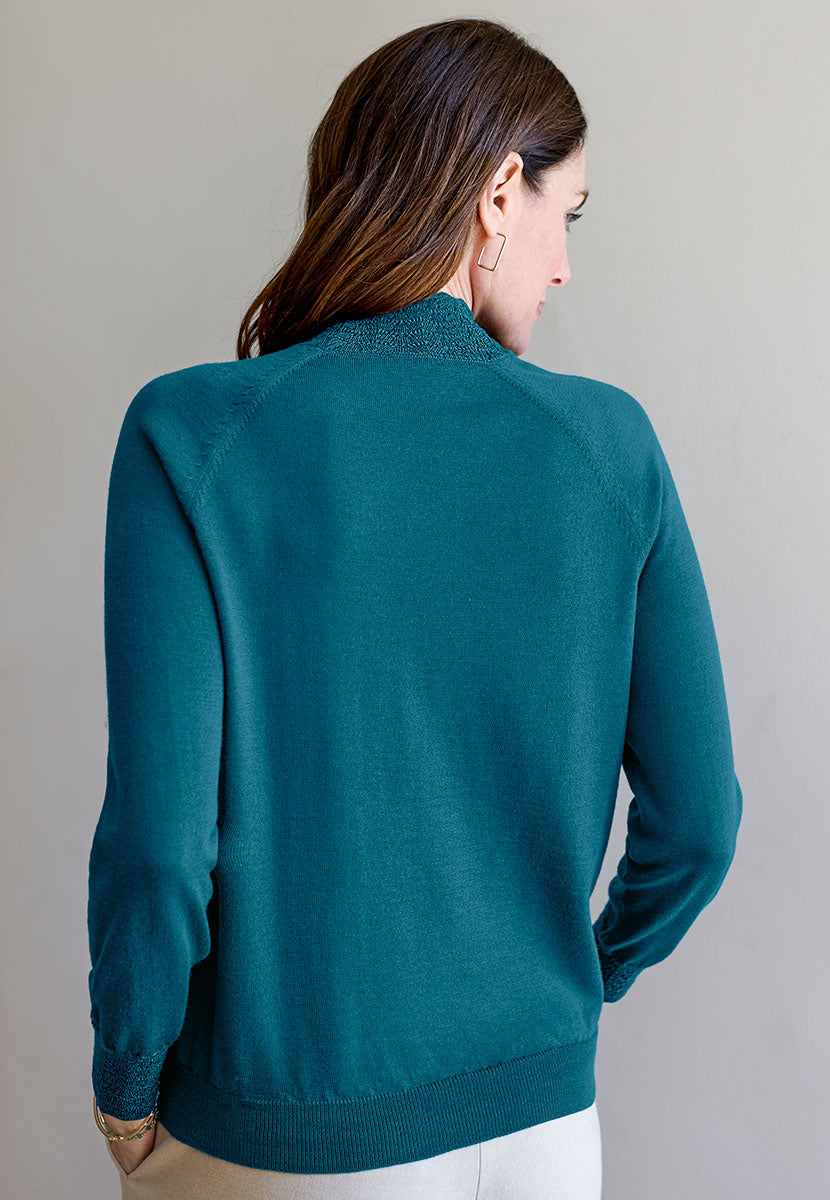 Jennifer High Neck Long Sleeve Merino Jumper - Teal Dark Blue Green Merino Lambswool Lace High Neck and Cuffs Lightweight Long Sleeve Transitional Jumper Back View