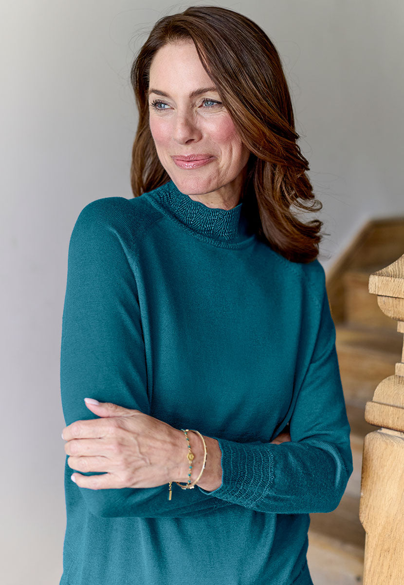 Jennifer High Neck Long Sleeve Merino Jumper - Teal Dark Blue Green Merino Lambswool Lace High Neck and Cuffs Lightweight Long Sleeve Transitional Jumper Front Alt View