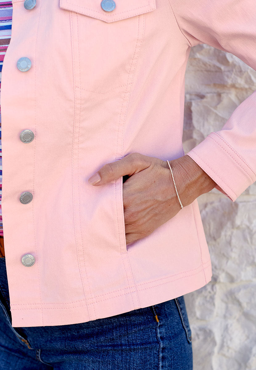 Jessi Denim Styling Fabric Jacket - Blossom Pink Comfortable Stretchy Soft Touch Fabric Smart Tailored Fitted Jacket Detail