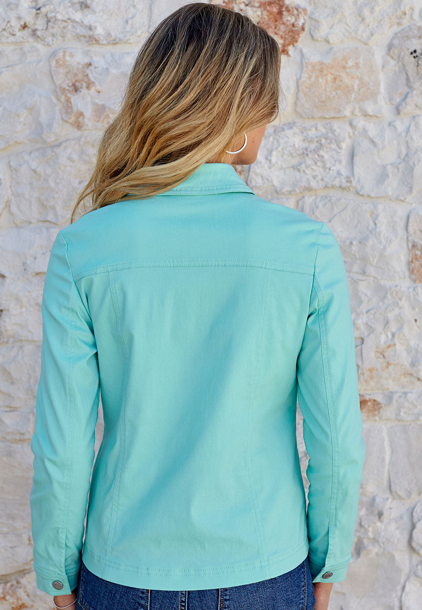 Jessi Denim Styling Fabric Jacket - Soft Aqua Blue Comfortable Stretchy Soft Touch Fabric Smart Tailored Fitted Jacket  Back View