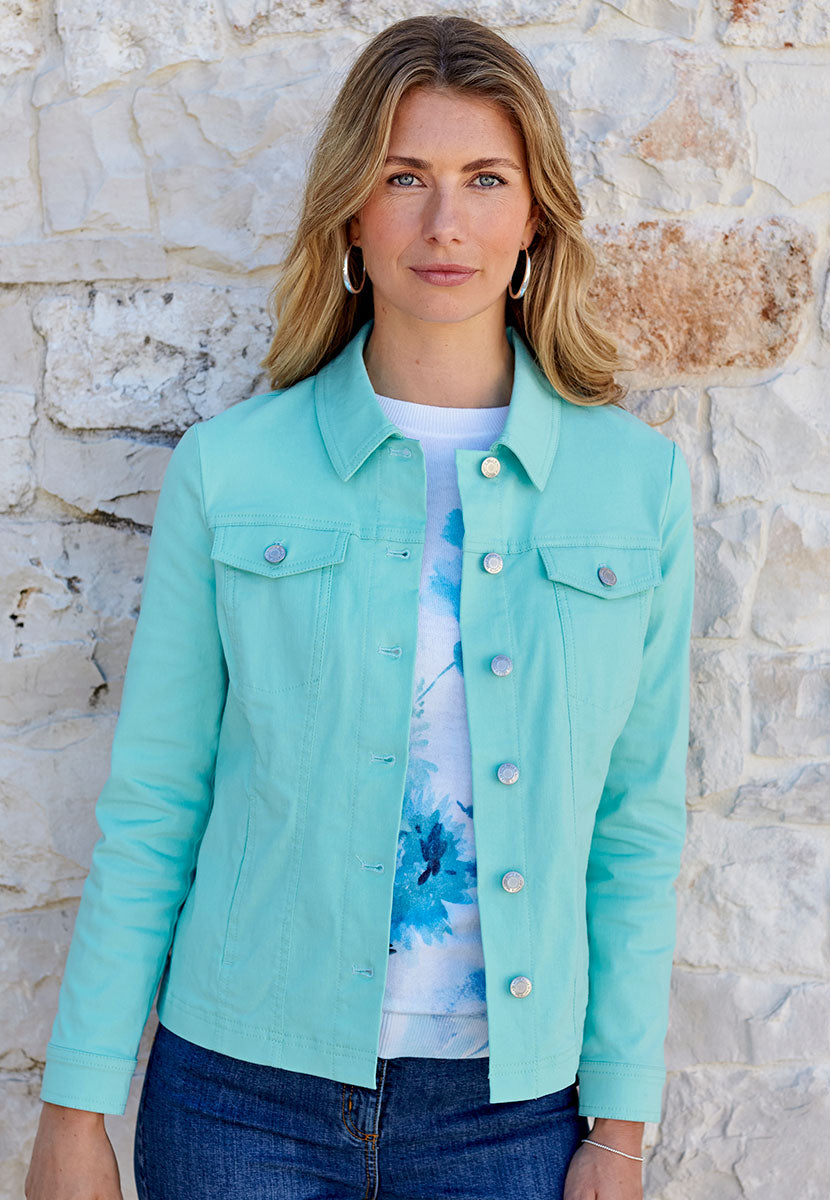 Jessi Denim Styling Fabric Jacket - Soft Aqua Blue Comfortable Stretchy Soft Touch Fabric Smart Tailored Fitted Jacket Front Alt