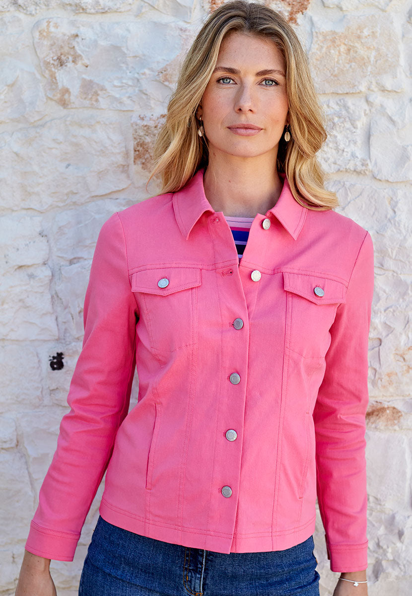 Jessi Denim Styling Fabric Jacket - Summer Pink Comfortable Stretchy Soft Touch Fabric Smart Tailored Fitted Jacket Front Alt