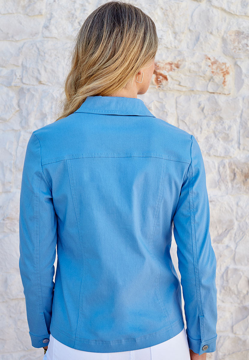 Jessi Denim Styling Fabric Jacket - True Blue Comfortable Stretchy Soft Touch Fabric Smart Tailored Fitted Jacket  Back View