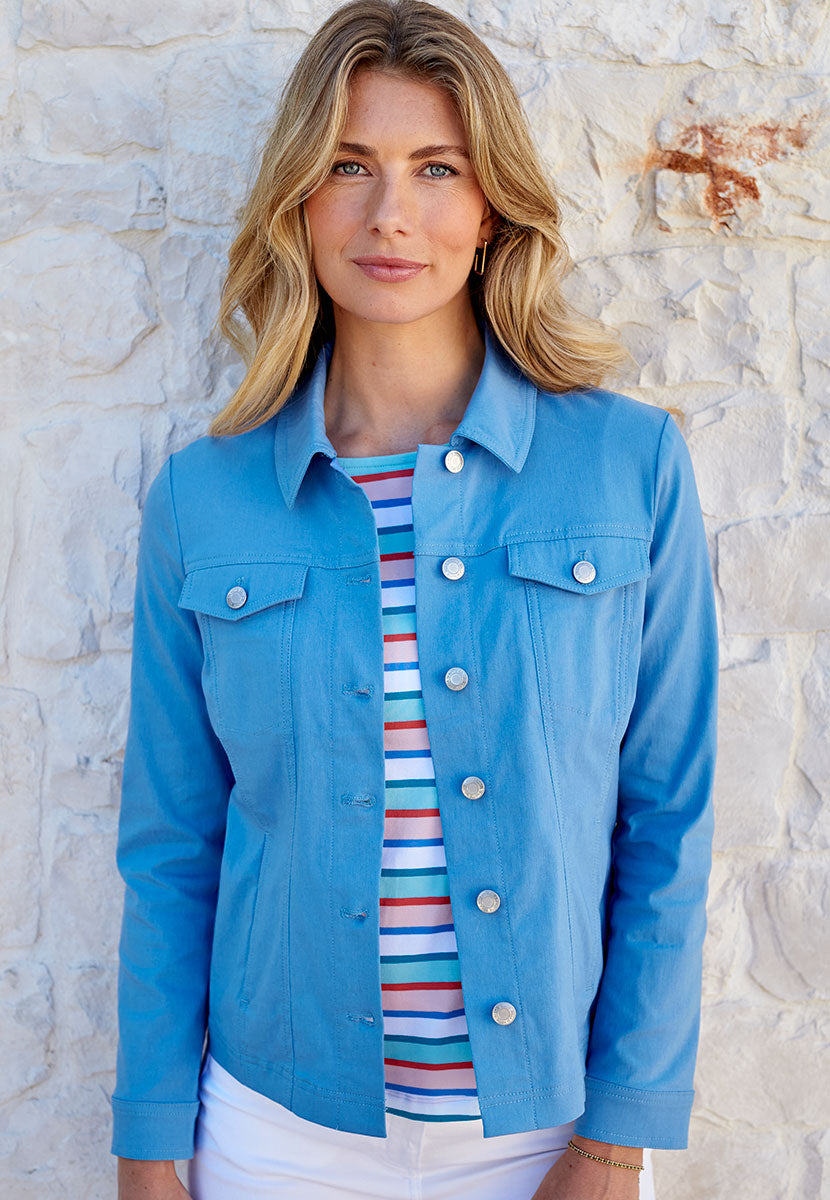 Jessi Denim Styling Fabric Jacket - True Blue Comfortable Stretchy Soft Touch Fabric Smart Tailored Fitted Jacket Front Alt